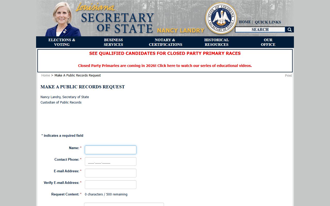 Louisiana Secretary of State public records request page