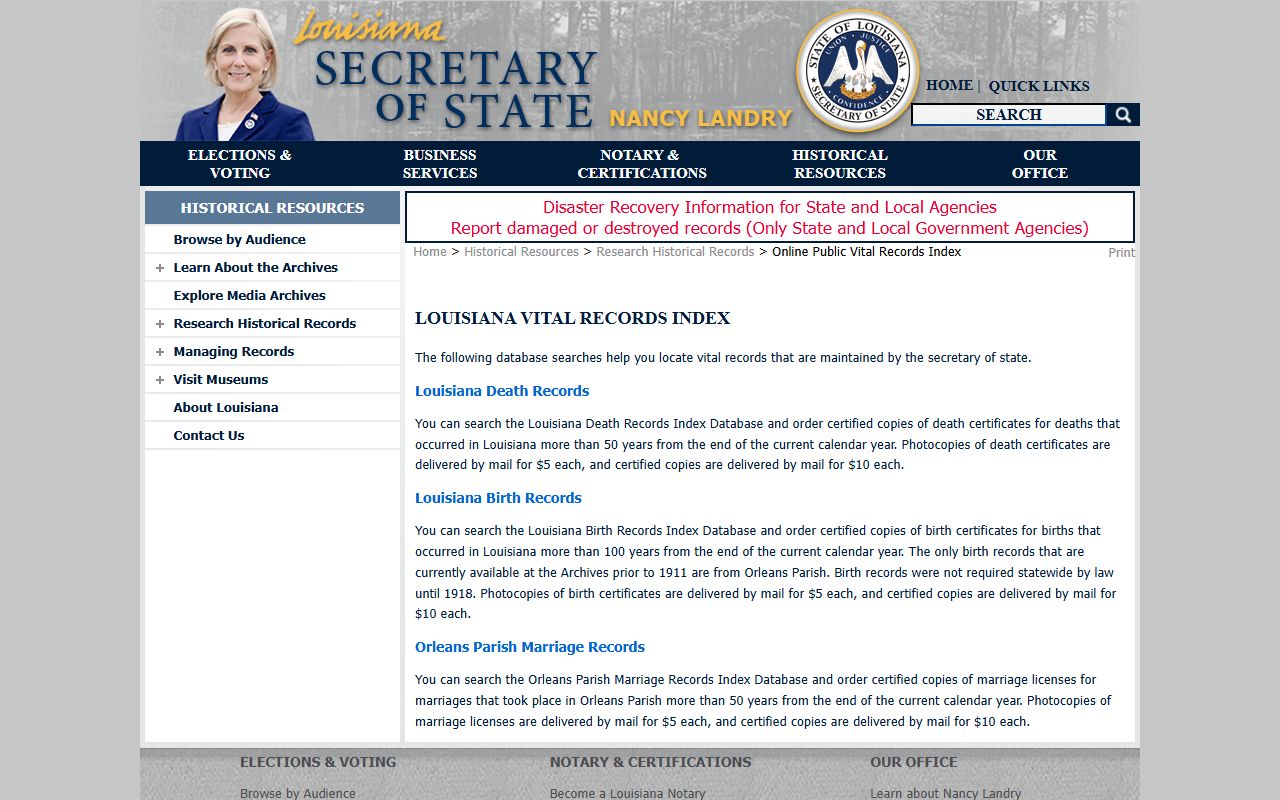 Louisiana vital records index for birth and death records